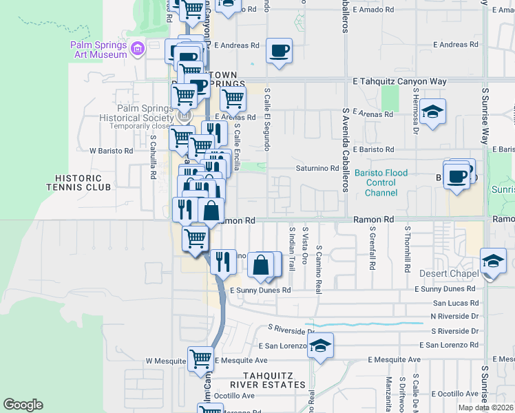 map of restaurants, bars, coffee shops, grocery stores, and more near 471 South Calle El Segundo in Palm Springs