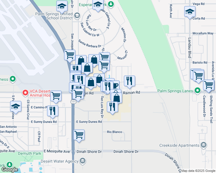 map of restaurants, bars, coffee shops, grocery stores, and more near 100 Lakeview Circle in Cathedral City
