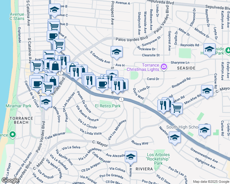 map of restaurants, bars, coffee shops, grocery stores, and more near 5306 South Prospect Avenue in Redondo Beach