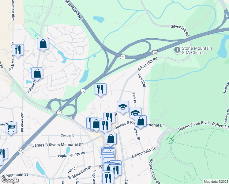 map of restaurants, bars, coffee shops, grocery stores, and more near 1237 South Shadygrove Court in Stone Mountain