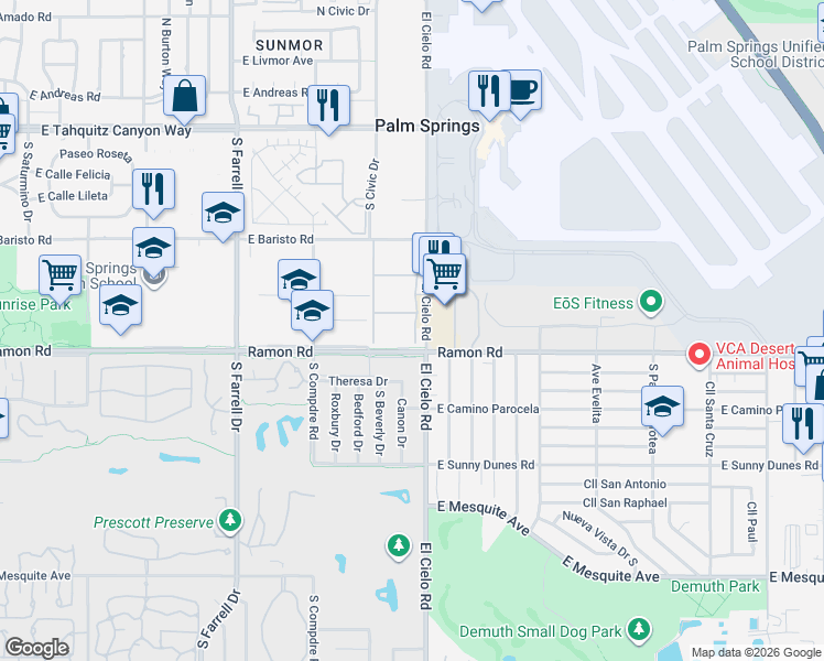 map of restaurants, bars, coffee shops, grocery stores, and more near 401 El Cielo Road in Palm Springs