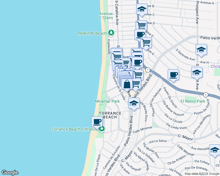 map of restaurants, bars, coffee shops, grocery stores, and more near 109 Paseo De La Playa in Redondo Beach