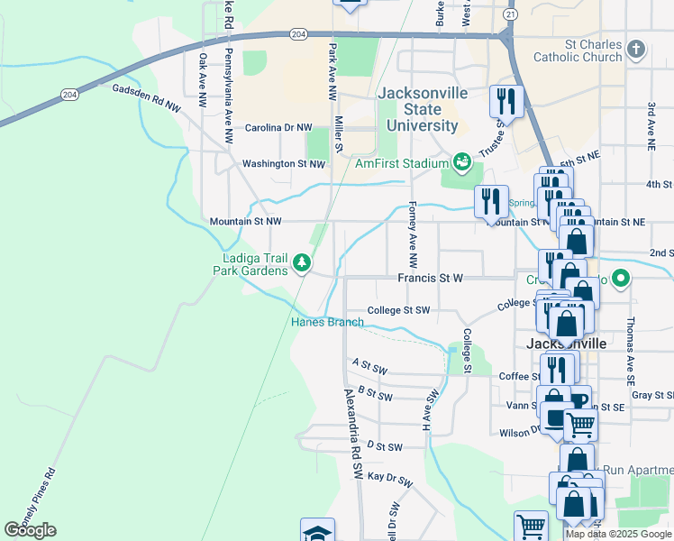 map of restaurants, bars, coffee shops, grocery stores, and more near 2-98 O Connell Avenue Southwest in Jacksonville