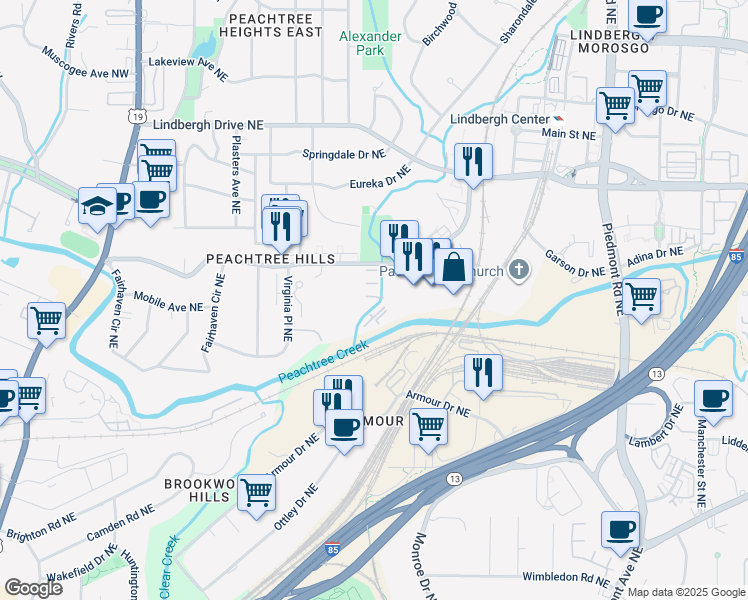 map of restaurants, bars, coffee shops, grocery stores, and more near 311 Peachtree Hills Avenue Northeast in Atlanta