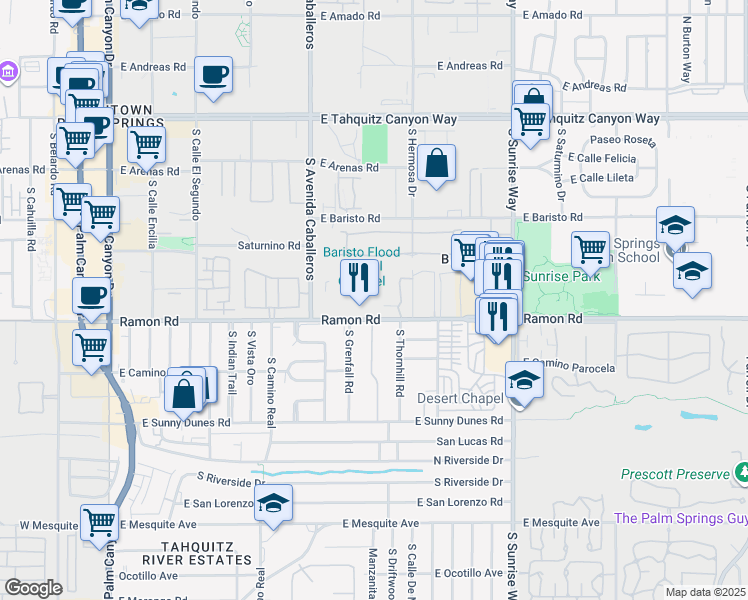 map of restaurants, bars, coffee shops, grocery stores, and more near 1268 Ramon Road in Palm Springs