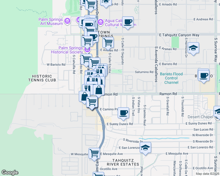 map of restaurants, bars, coffee shops, grocery stores, and more near 333 Ramon Road in Palm Springs