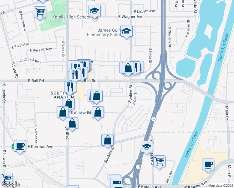 map of restaurants, bars, coffee shops, grocery stores, and more near 1301 Sunkist Street in Anaheim