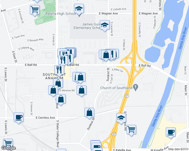 map of restaurants, bars, coffee shops, grocery stores, and more near 1261 South Simpson Circle in Anaheim