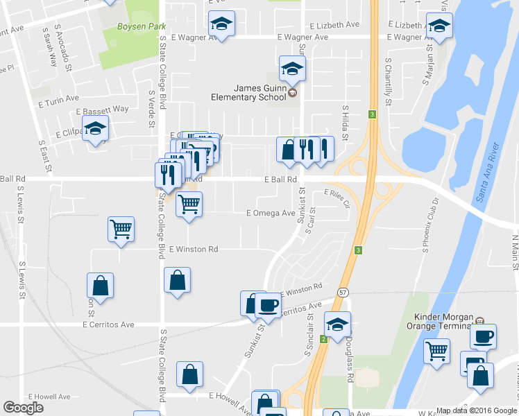 map of restaurants, bars, coffee shops, grocery stores, and more near 1261 South Simpson Circle in Anaheim