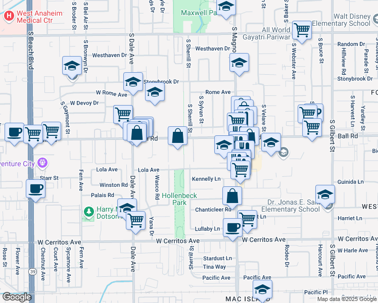 map of restaurants, bars, coffee shops, grocery stores, and more near 2704 West Ball Road in Anaheim