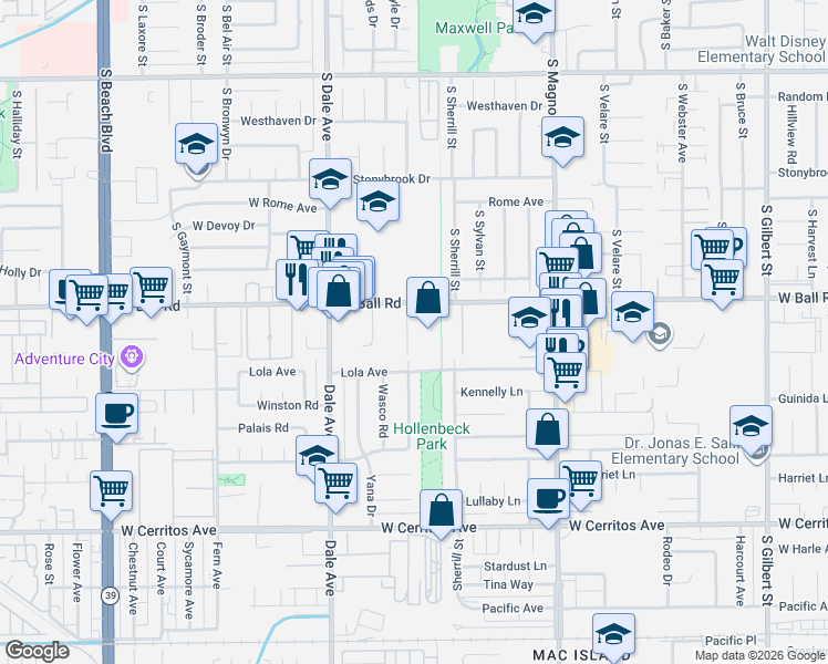 map of restaurants, bars, coffee shops, grocery stores, and more near 1276 South Macduff Street in Anaheim