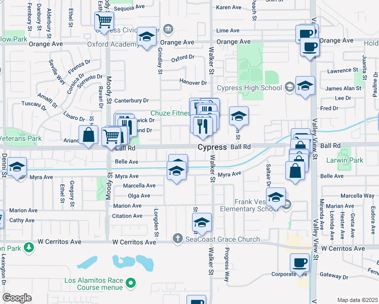 map of restaurants, bars, coffee shops, grocery stores, and more near 5351 Belle Avenue in Cypress