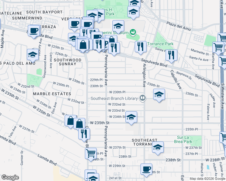 map of restaurants, bars, coffee shops, grocery stores, and more near 2353 231st Street in Torrance