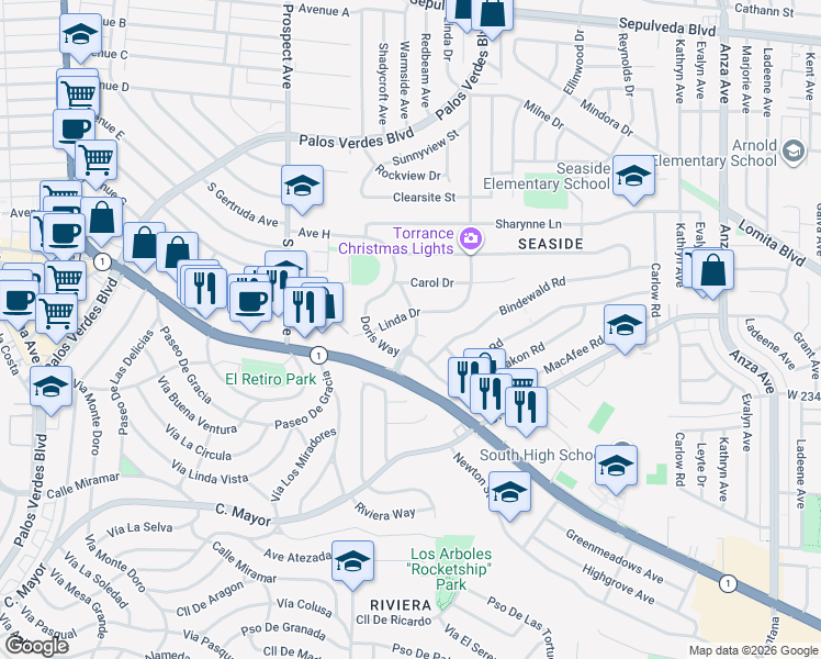 map of restaurants, bars, coffee shops, grocery stores, and more near 23240 Doris Way in Torrance
