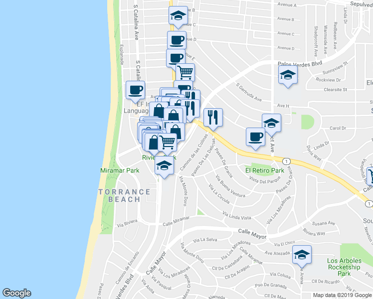 map of restaurants, bars, coffee shops, grocery stores, and more near 209 Camino de las Colinas in Redondo Beach