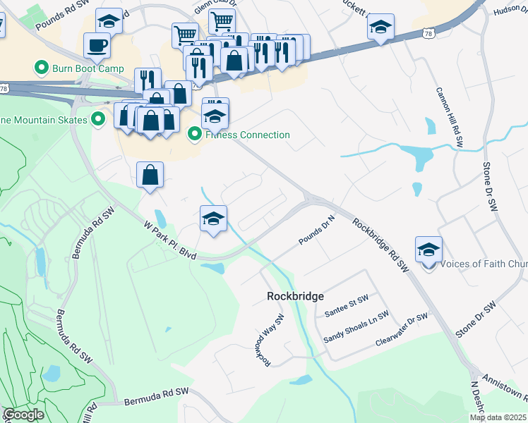 map of restaurants, bars, coffee shops, grocery stores, and more near 125 Villa Park Circle in Stone Mountain