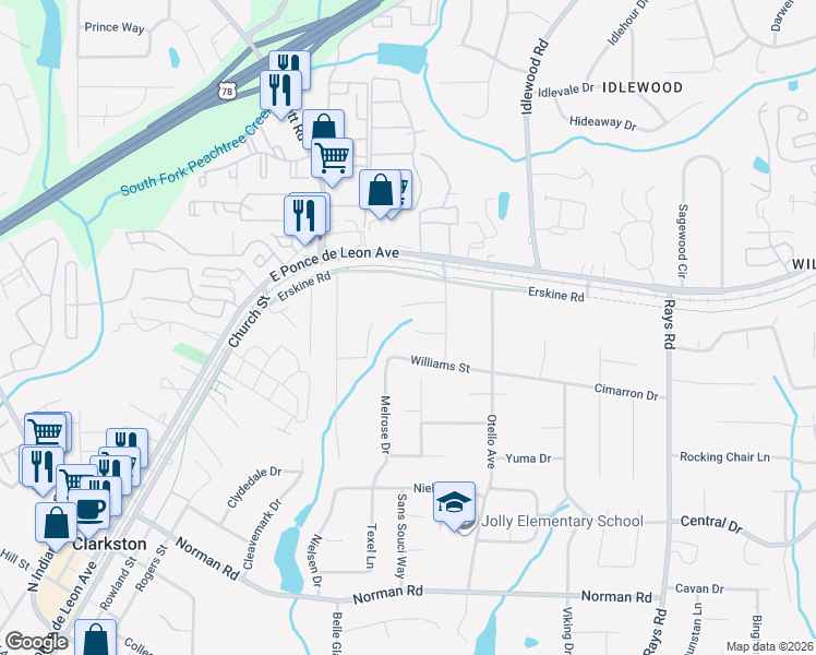 map of restaurants, bars, coffee shops, grocery stores, and more near 3938 Back Trail in Clarkston