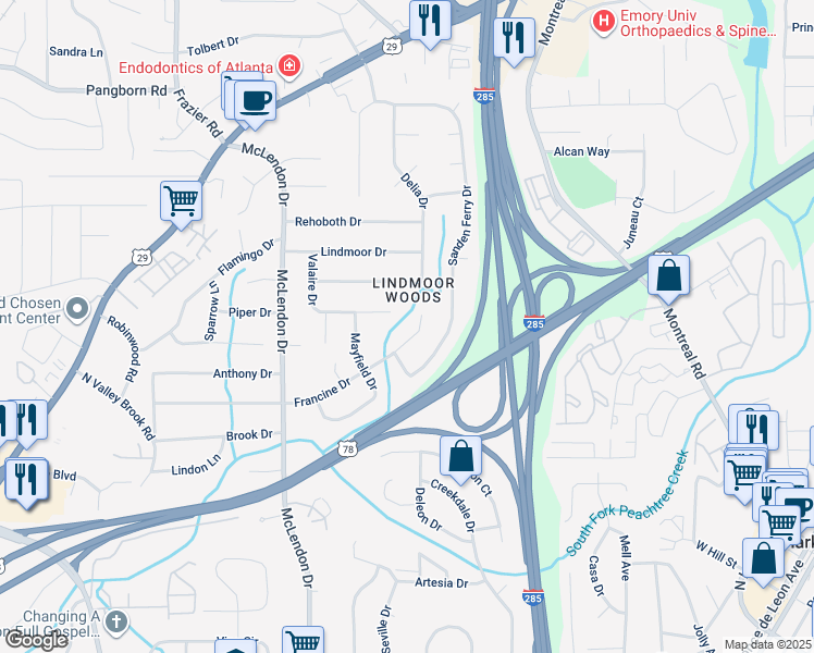 map of restaurants, bars, coffee shops, grocery stores, and more near 3294 Francine Drive in Decatur