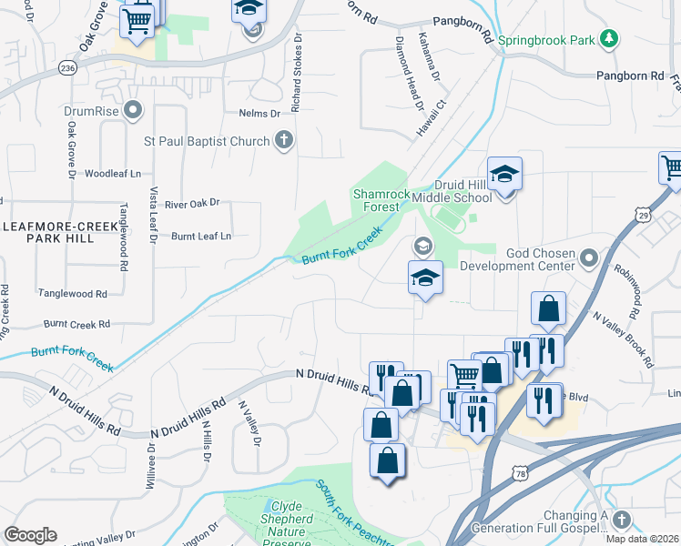 map of restaurants, bars, coffee shops, grocery stores, and more near 2586 Laurel Ridge Drive in Decatur
