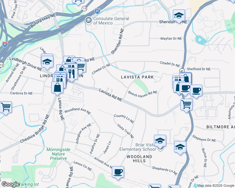 map of restaurants, bars, coffee shops, grocery stores, and more near 1410 Lavista Road Northeast in Atlanta