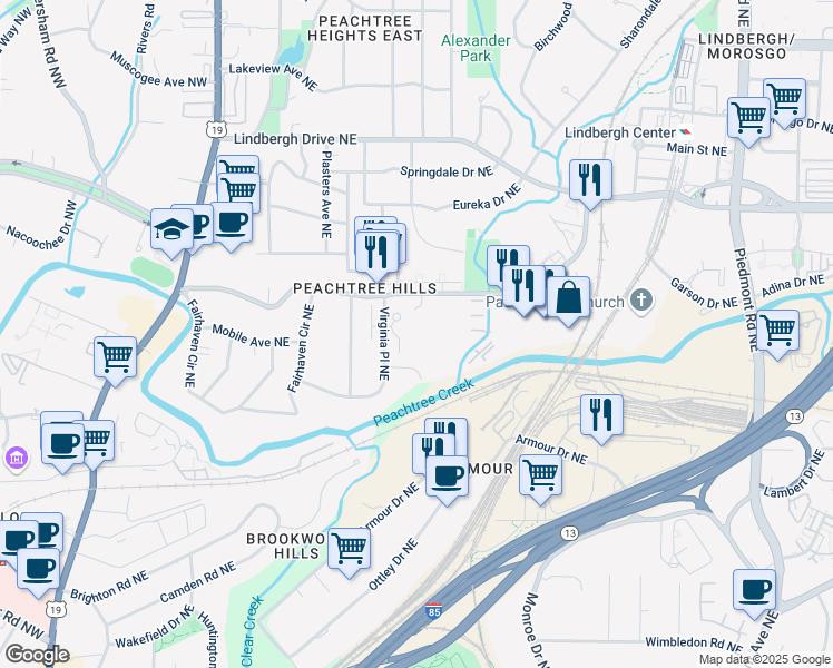 map of restaurants, bars, coffee shops, grocery stores, and more near 229 Peachtree Hills Avenue Northeast in Atlanta