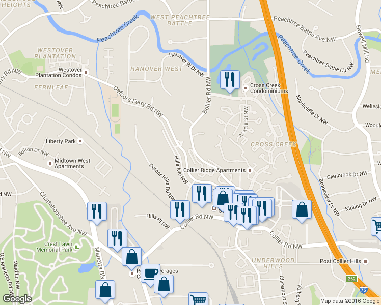 map of restaurants, bars, coffee shops, grocery stores, and more near 2226 Bohler Road Northwest in Atlanta
