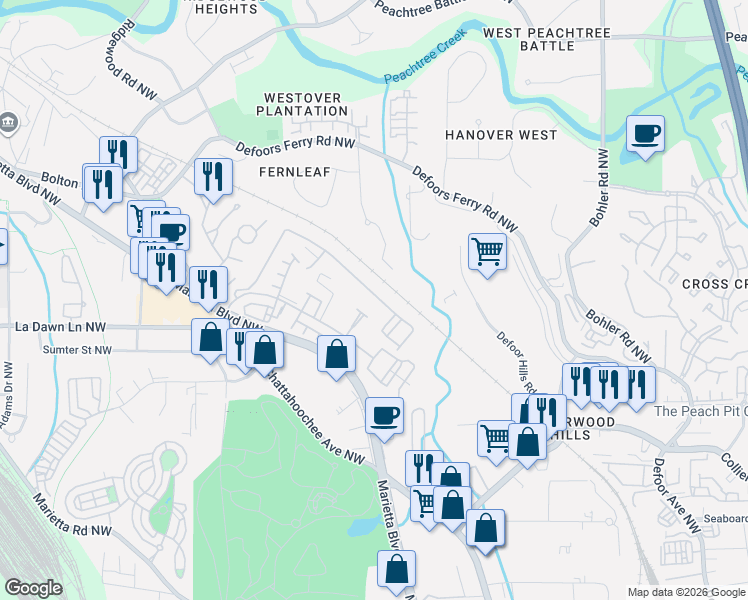 map of restaurants, bars, coffee shops, grocery stores, and more near 2121 Bolton Drive Northwest in Atlanta