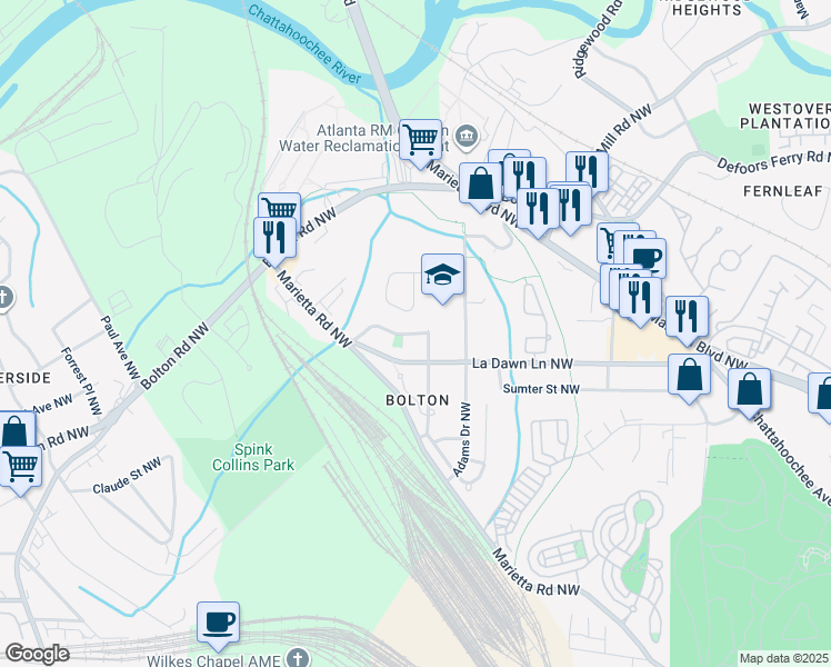 map of restaurants, bars, coffee shops, grocery stores, and more near 2201 Mauldin Street Northwest in Atlanta