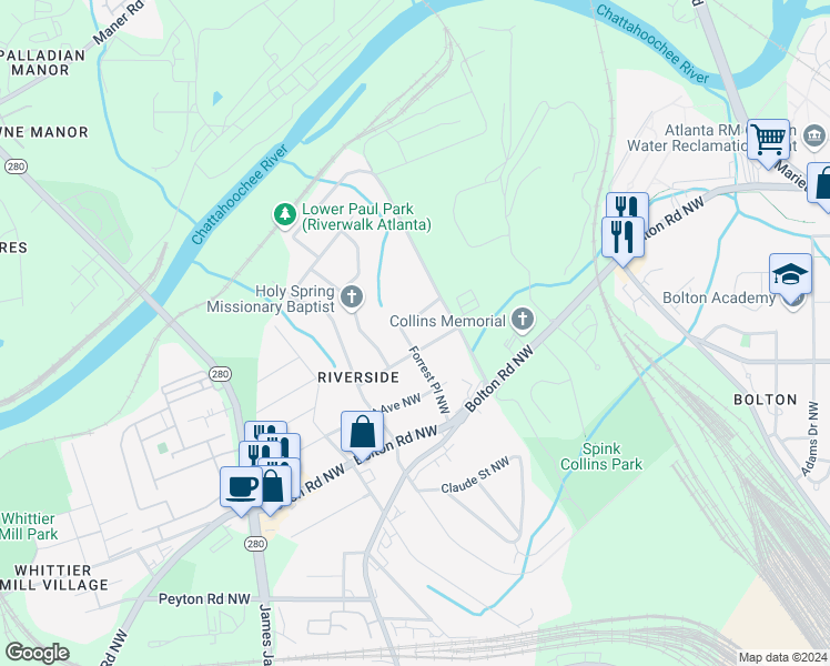map of restaurants, bars, coffee shops, grocery stores, and more near 2480 Edwards Drive Northwest in Atlanta