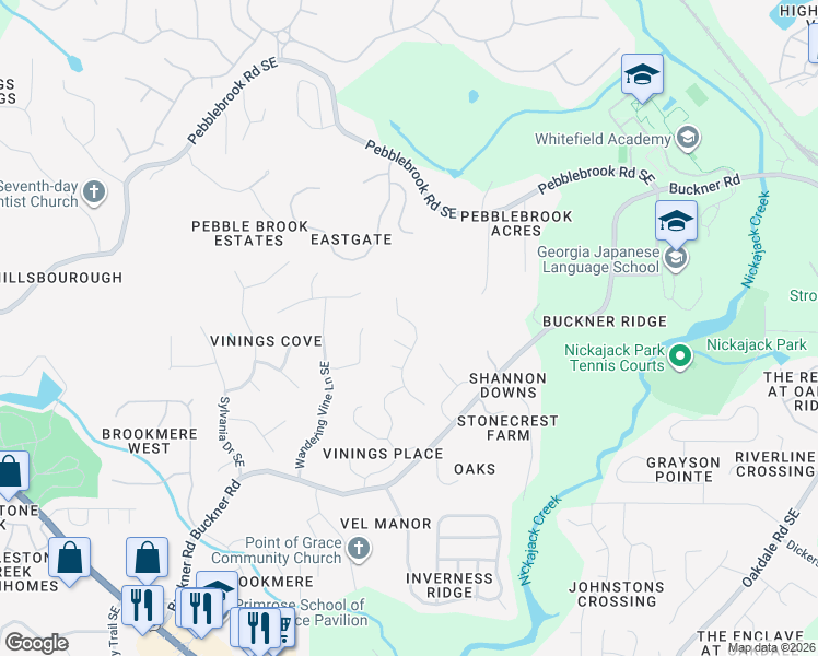 map of restaurants, bars, coffee shops, grocery stores, and more near 5614 Vinings Place Trail Southeast in Mableton