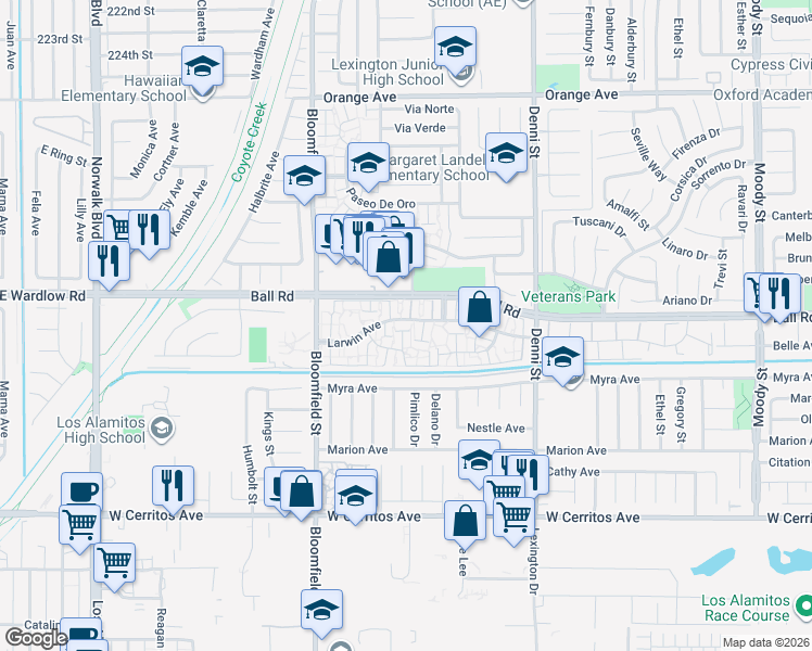 map of restaurants, bars, coffee shops, grocery stores, and more near 4192 Larwin Avenue in Cypress