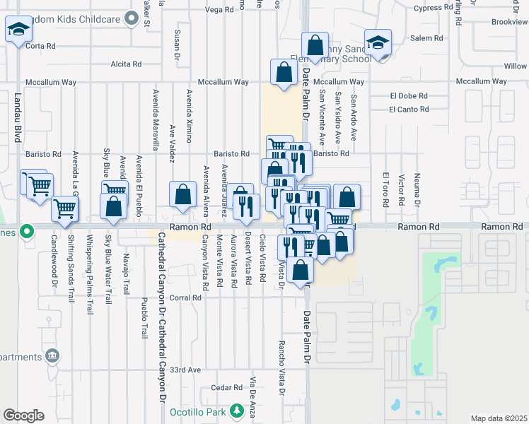 map of restaurants, bars, coffee shops, grocery stores, and more near Aliso Road in Cathedral City