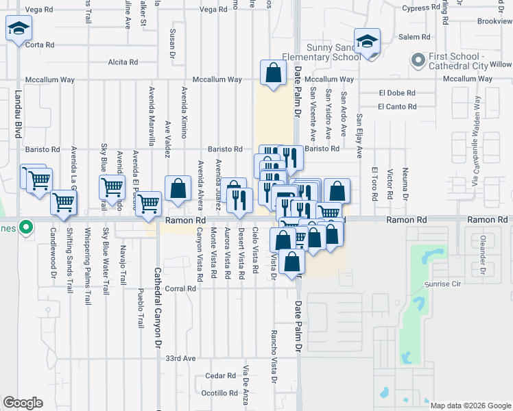 map of restaurants, bars, coffee shops, grocery stores, and more near in Cathedral City