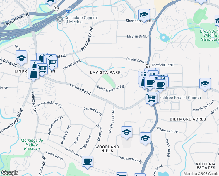map of restaurants, bars, coffee shops, grocery stores, and more near 1247 Beech Haven Road Northeast in Atlanta
