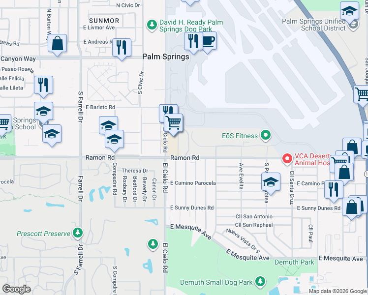 map of restaurants, bars, coffee shops, grocery stores, and more near 460 Bradshaw East Lane in Palm Springs