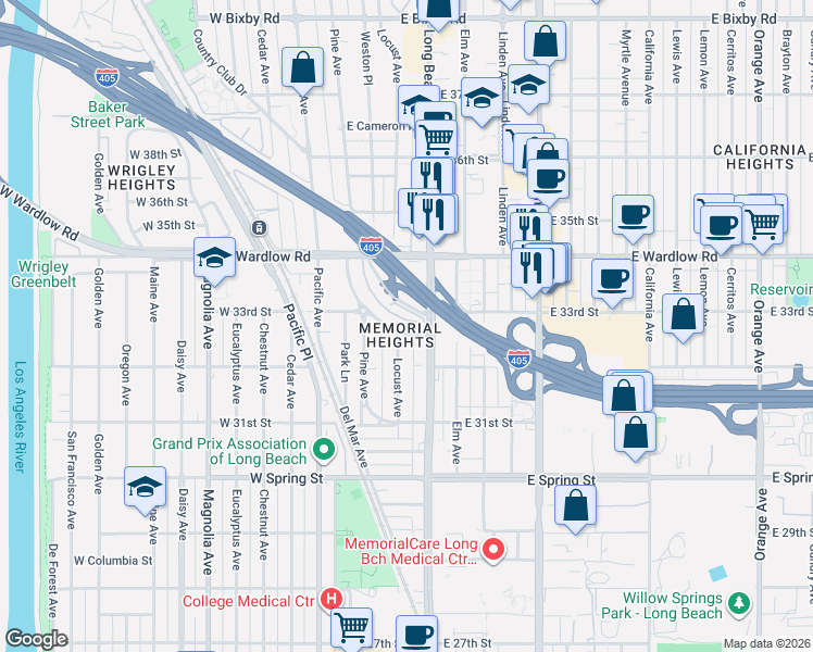 map of restaurants, bars, coffee shops, grocery stores, and more near 201 East Pepper Drive in Long Beach