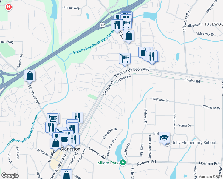 map of restaurants, bars, coffee shops, grocery stores, and more near 1 Stone Mountain Trail in Clarkston