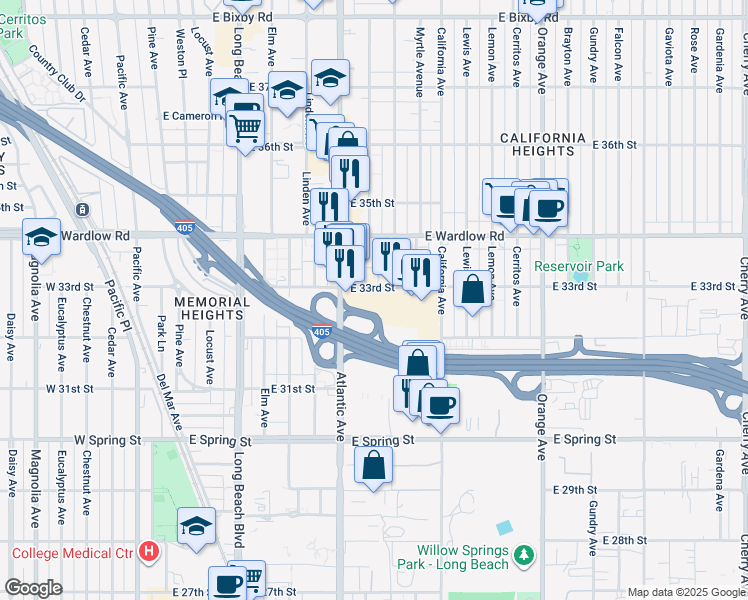map of restaurants, bars, coffee shops, grocery stores, and more near San Diego Fwy in Signal Hill