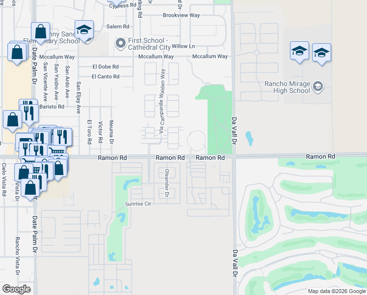 map of restaurants, bars, coffee shops, grocery stores, and more near 69801 Ramon Road in Cathedral City