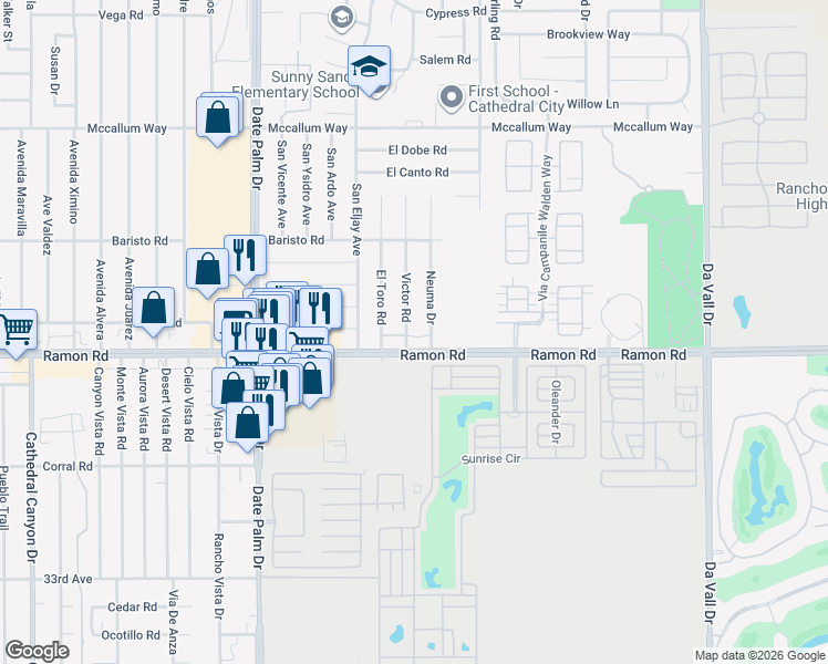 map of restaurants, bars, coffee shops, grocery stores, and more near 69450 Ramon Road in Cathedral City