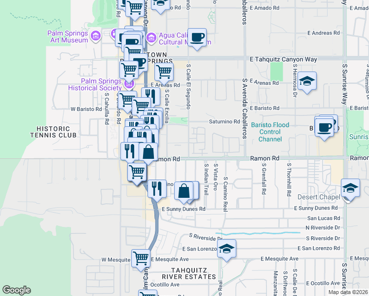 map of restaurants, bars, coffee shops, grocery stores, and more near 471 South Calle El Segundo in Palm Springs