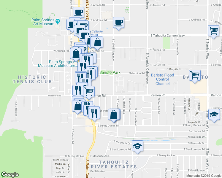 map of restaurants, bars, coffee shops, grocery stores, and more near 467 South Calle El Segundo in Palm Springs