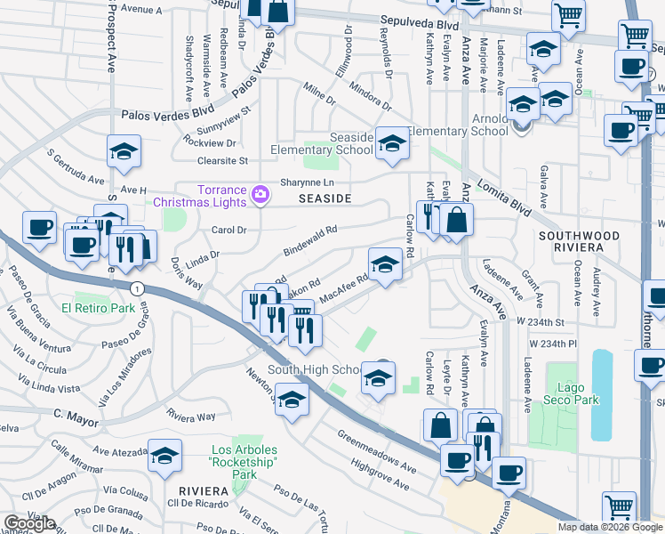 map of restaurants, bars, coffee shops, grocery stores, and more near 5012 Zakon Road in Torrance
