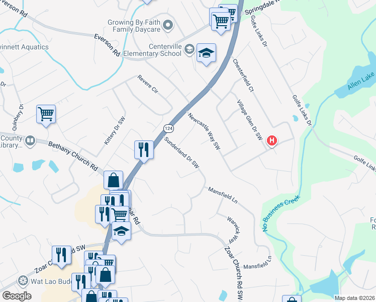 map of restaurants, bars, coffee shops, grocery stores, and more near 3257 Sunderland Drive Southwest in Snellville