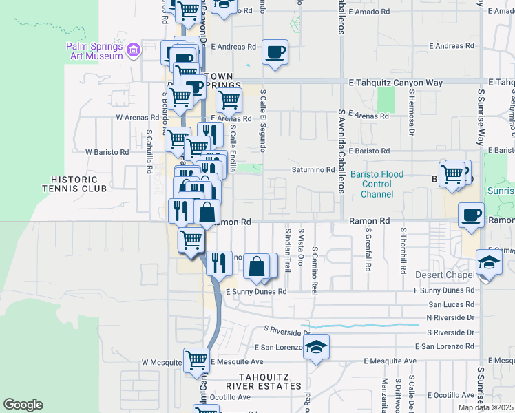 map of restaurants, bars, coffee shops, grocery stores, and more near 467 South Calle El Segundo in Palm Springs