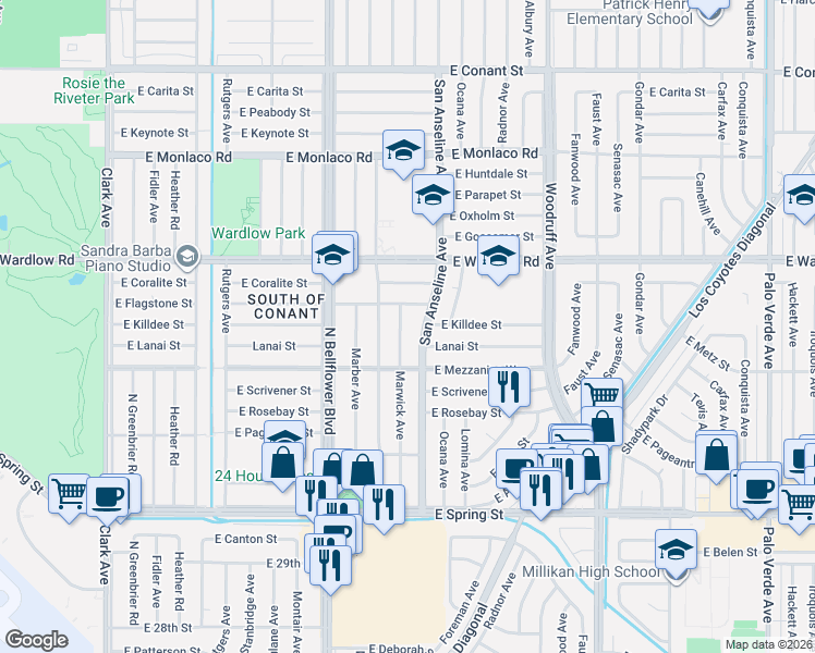 map of restaurants, bars, coffee shops, grocery stores, and more near in Long Beach