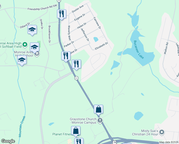 map of restaurants, bars, coffee shops, grocery stores, and more near 124 Tanglewood Drive in Monroe