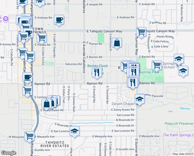 map of restaurants, bars, coffee shops, grocery stores, and more near 1050 Ramon Road in Palm Springs