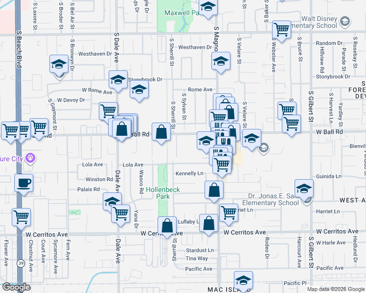 map of restaurants, bars, coffee shops, grocery stores, and more near 2660 West Ball Road in Anaheim