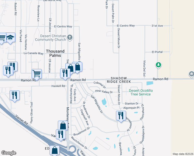 map of restaurants, bars, coffee shops, grocery stores, and more near 73251 Colonial Drive in Thousand Palms